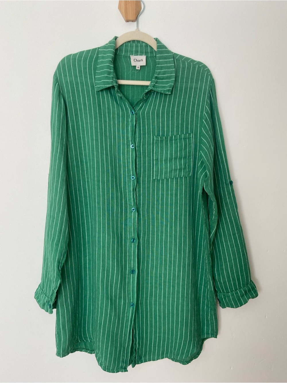 Charli Linen Provence Button Up Shirt in Green One Size Oversized - Picture 2 of 11